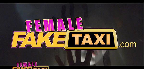  Female Fake Taxi Pretty brunette has 1st lesbian orgasm with strap-on cock